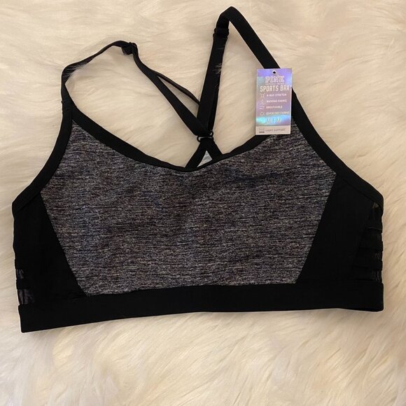 Victoria Secret Pink Ultimate Unlined Strappy Sports Bra Size Medium Gray Black - Picture 1 of 4
